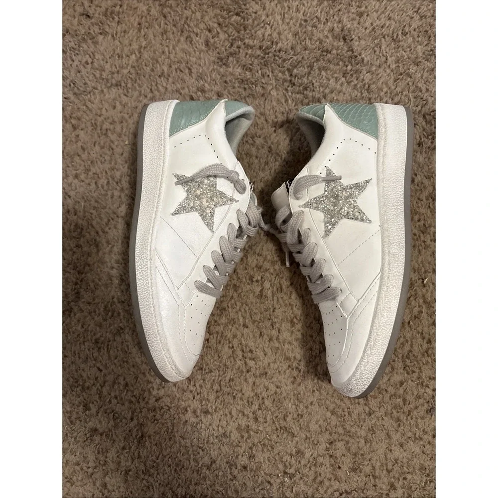 Shu Shop Paz‎ Mint Snake Sneakers Shoes Star Glitter 7.5 Women's White